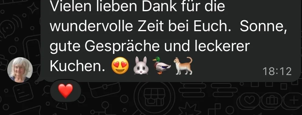 Ein Chatfenster mit dem Text "Vielen lieben Dank für die wundervolle Zeit bei Euch. Sonne, gute Gespräche und leckerer Kuchen." und Emojis eines Herzgesichts, eines Hasen, einer Ente und einer Katze.