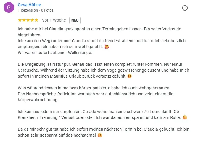 Gesa Höhne hat eine positive Bewertung mit fünf Sternen für ihre Erfahrung mit Claudia geschrieben.